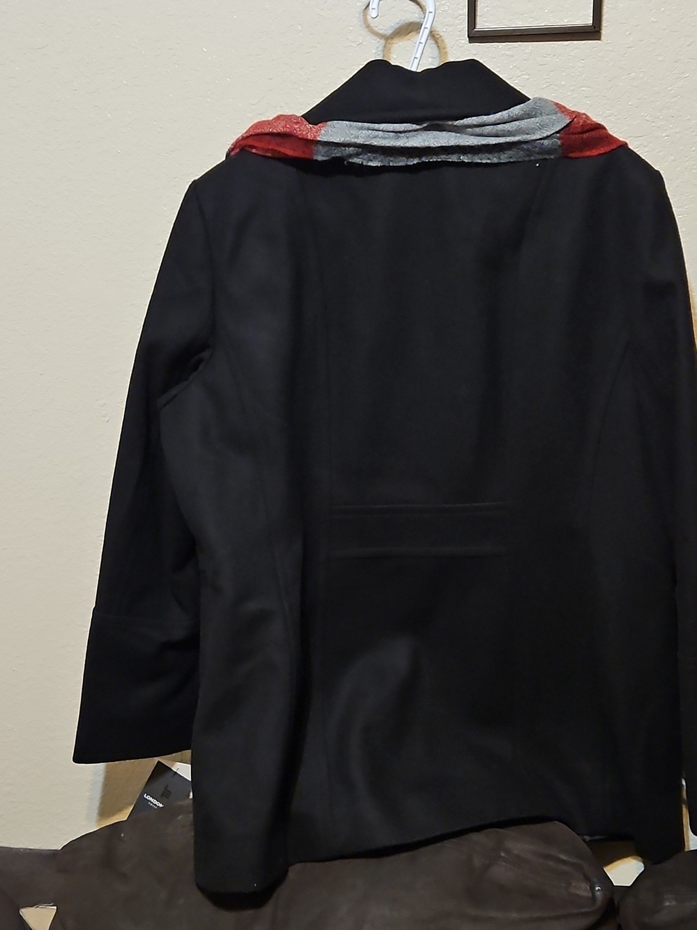 London Fog Black Double-Breasted Peacoat with Red and Gray Striped Scarf - Picture 6 of 9
